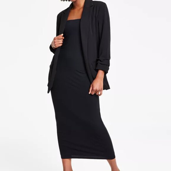 NWT, Bar III, Blazer Notch-Lapel Ruched-Sleeve Open-Front Blazer, Xs, Black - Picture 2 of 2